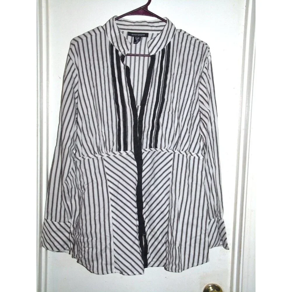 Ashley Stewart Black White Striped Long Sleeve Button Front Top 16W‎